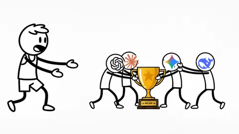 Ilustración de Pol mirando a varios personajes que se disputan un trofeo con los logos de las principales empresas de IA.