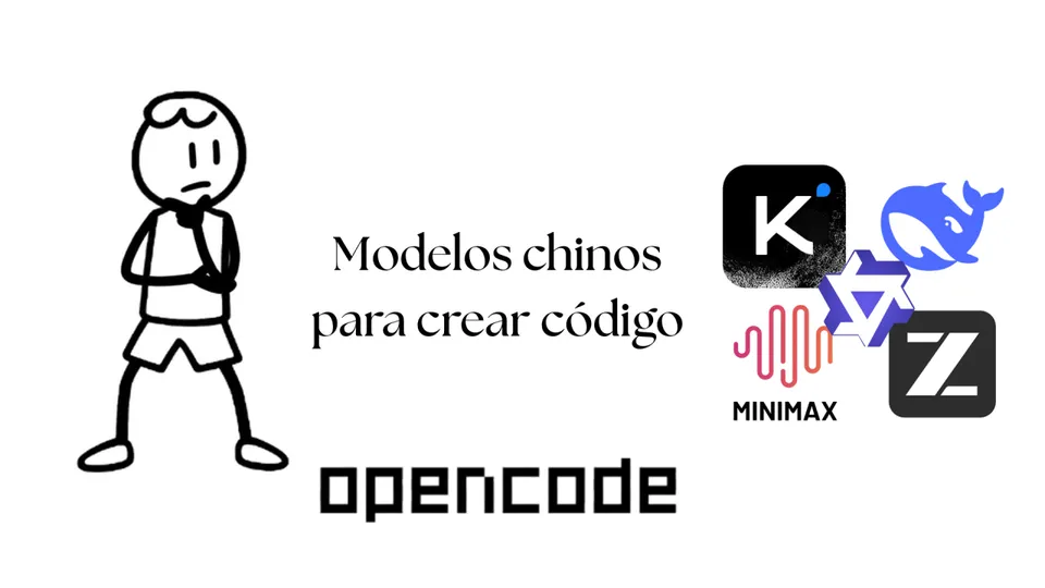 Ilustración de Pol junto al texto «Modelos chinos para crear código», el logo de OpenCode y los de Kimi, DeepSeek, MiniMax y Z.ai, entre otros.